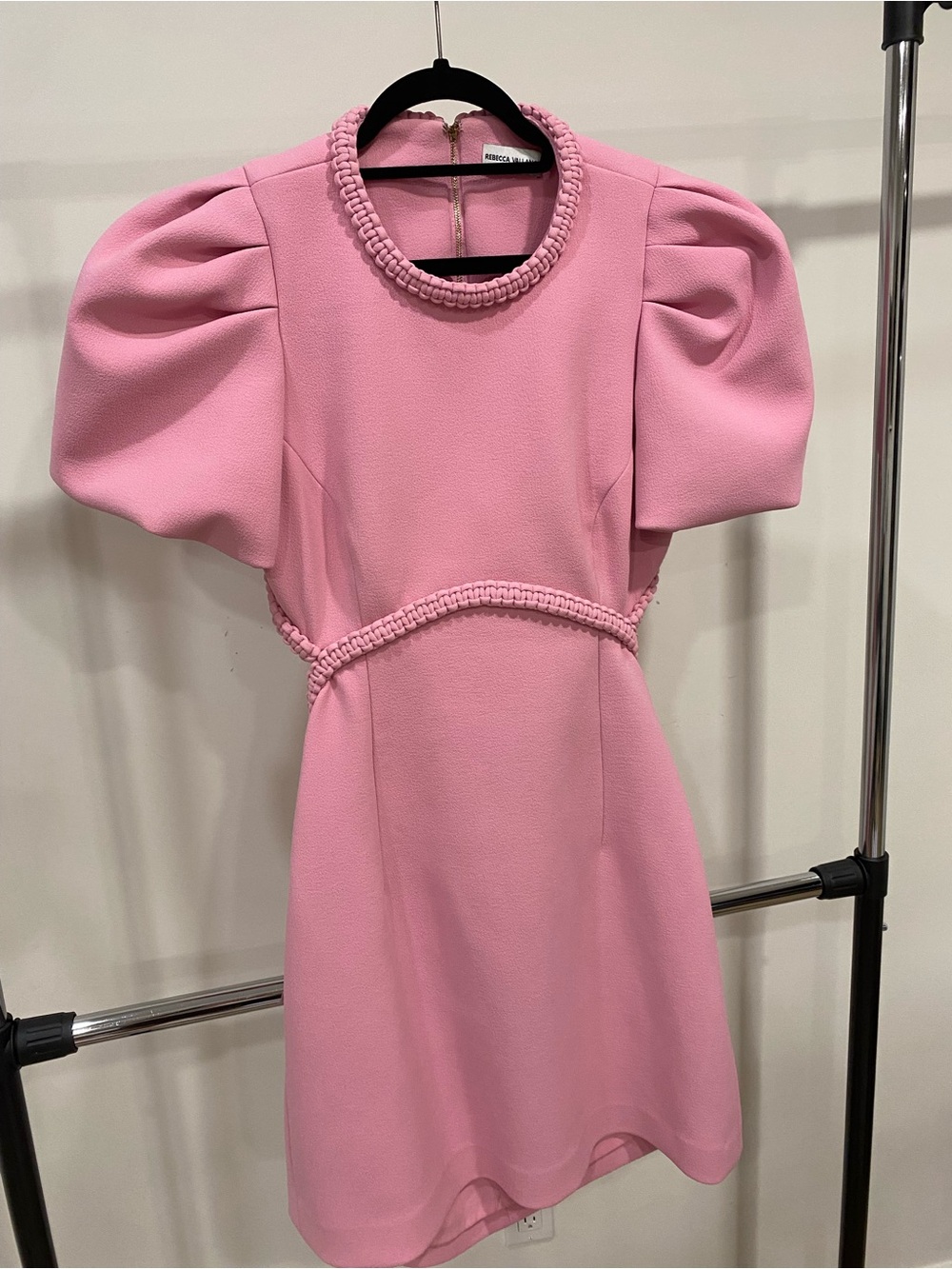 Rebecca Vallance Pink Puff-Sleeve Mini Dress with Braided Trim